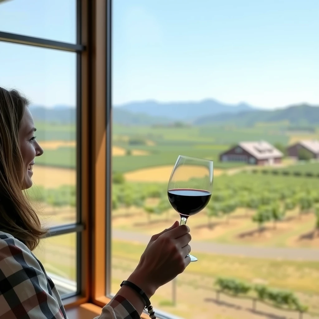Person tasting wine in a tasting room overlooking vineyards