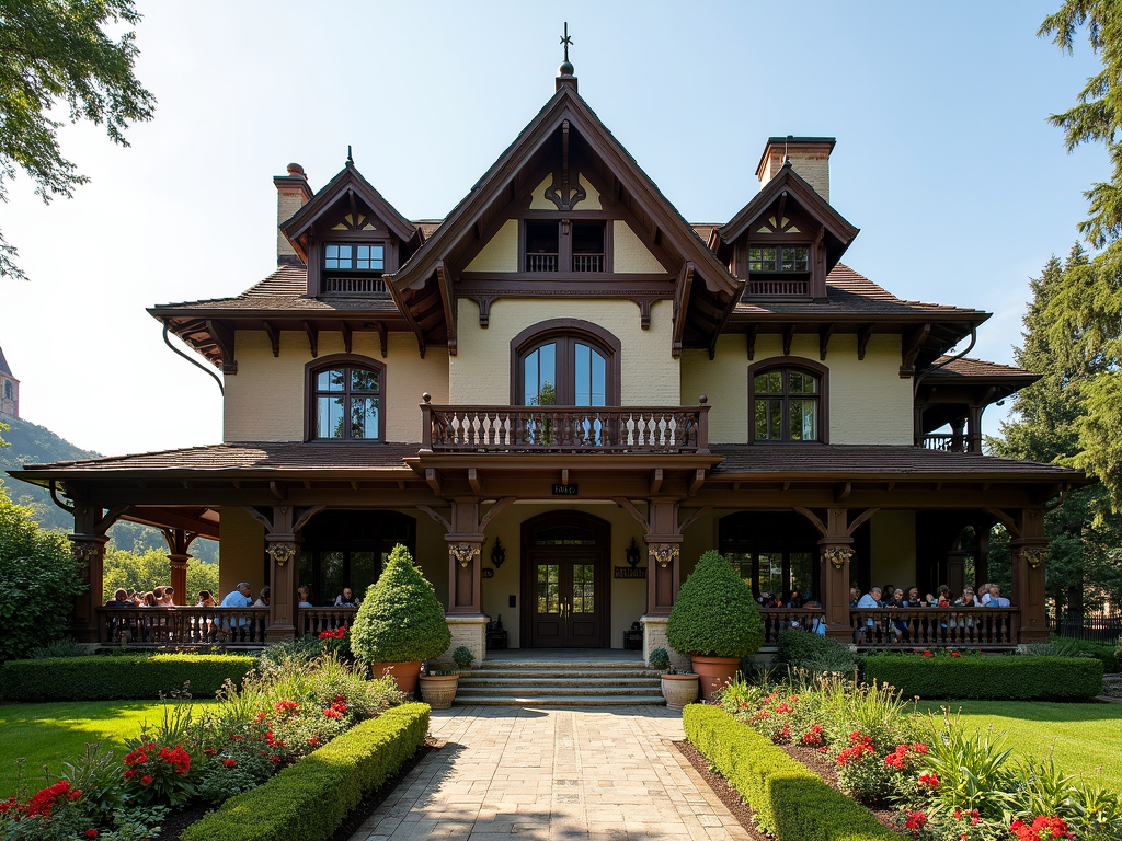 Rhine House at Beringer Vineyards with visitors enjoying wine.