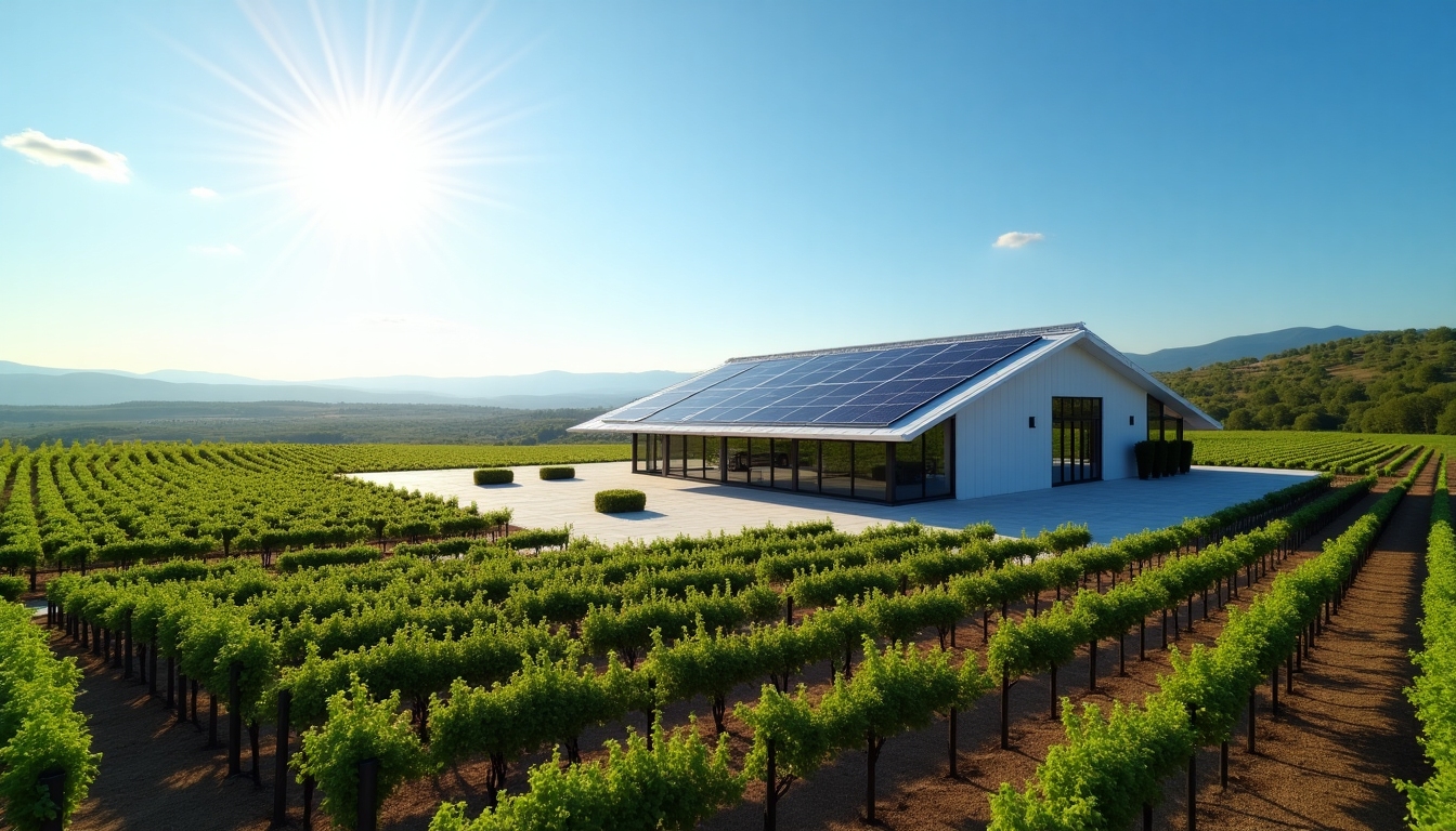 Solar panels on a modern winery building with a clear blue sky.