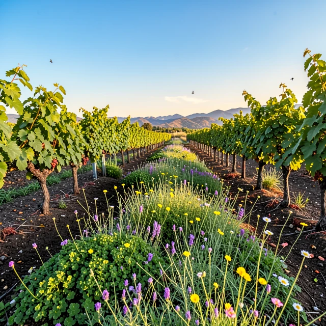 Lush regenerative vineyard with diverse cover crops and wildflowers