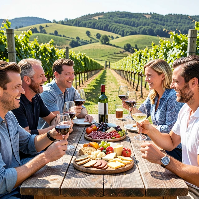 Friends enjoying a lively outdoor Beringer wine tasting event in the vineyard