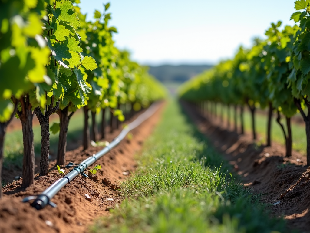 Vineyard with drip irrigation system for water conservation