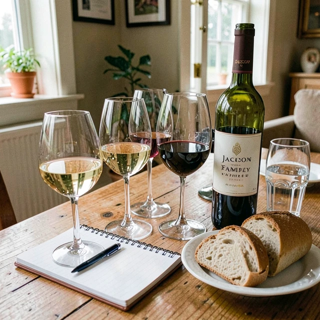 Home wine tasting setup with glasses, bottles, and notebook