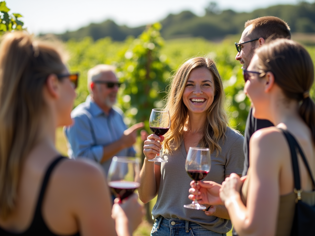 People enjoying a guided wine tasting tour in a vineyard
