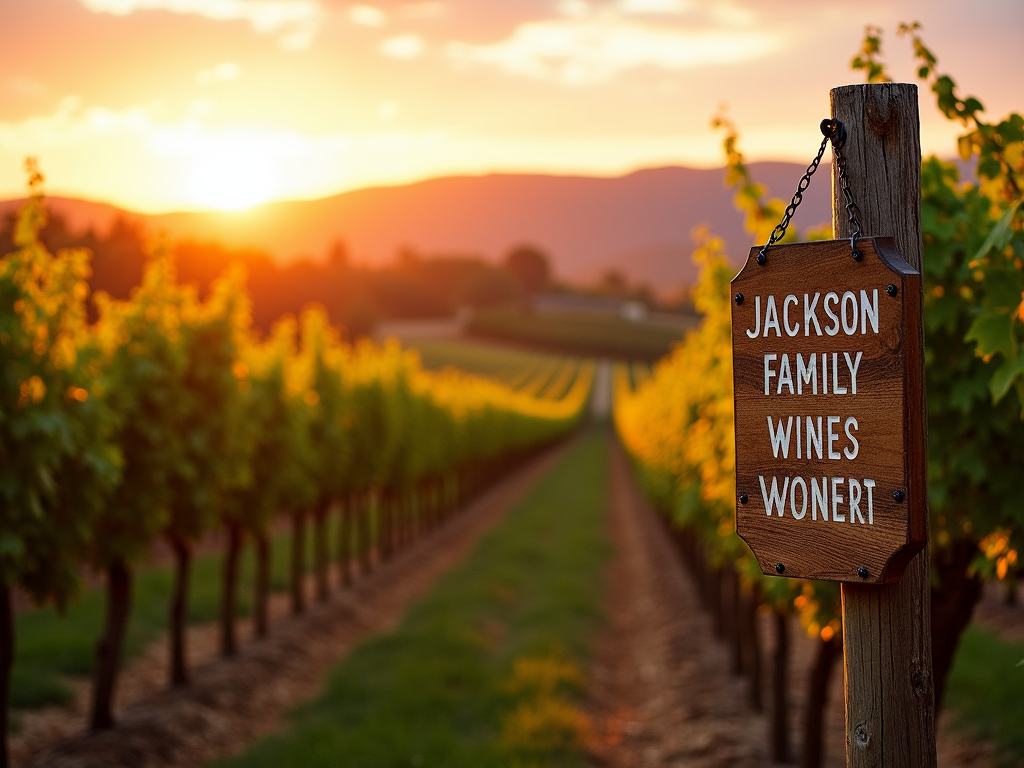 A serene vineyard at sunset with a 'Jackson Family Wines' sign