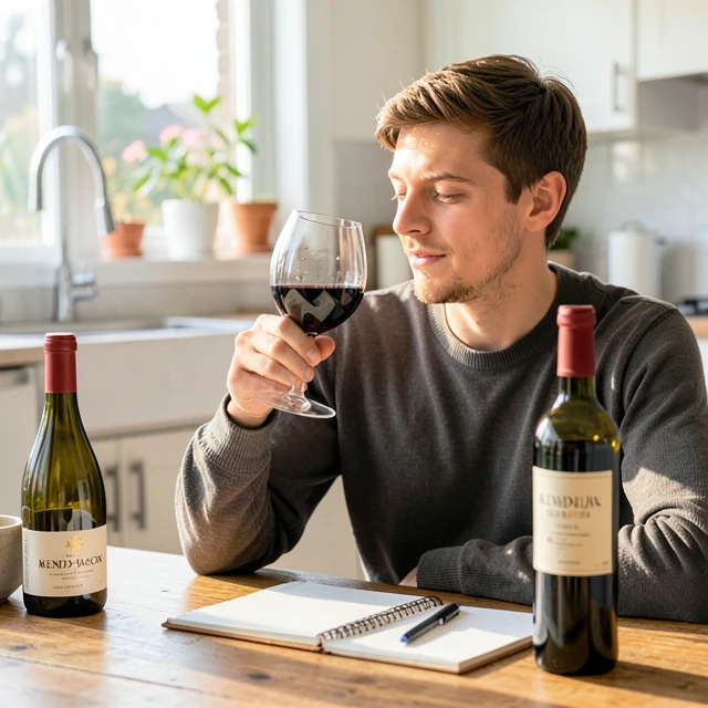 Beginner practicing wine swirling technique at home table with notebook