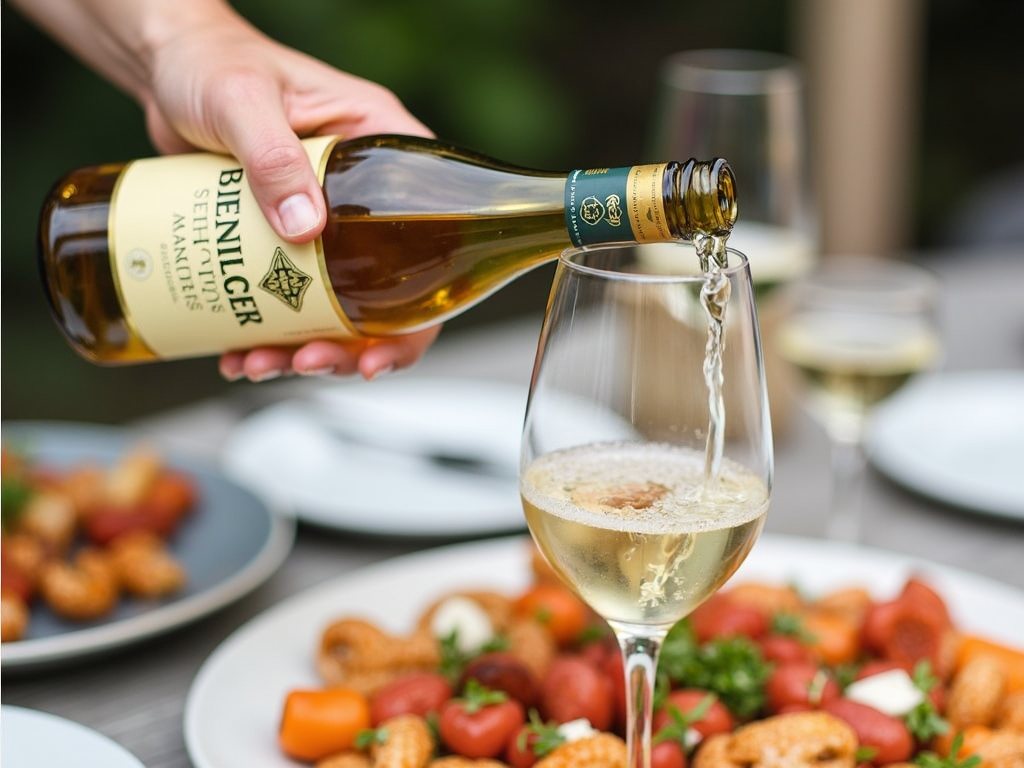 Pouring Beringer white wine with seafood