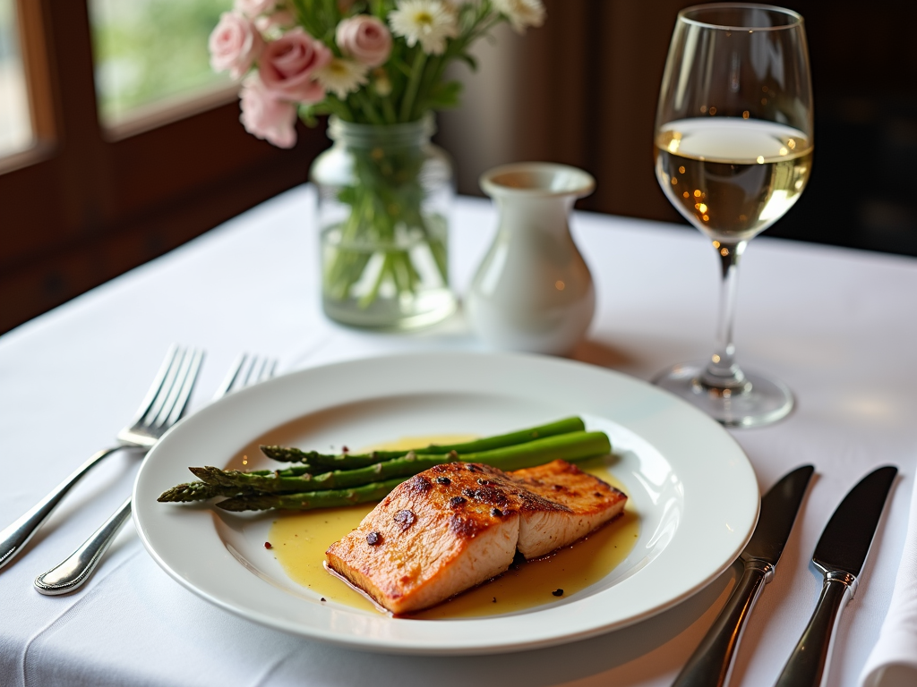 Dining table with grilled salmon and white wine