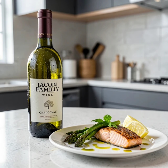 Jackson Family Wines Chardonnay paired with grilled salmon and asparagus on a kitchen counter