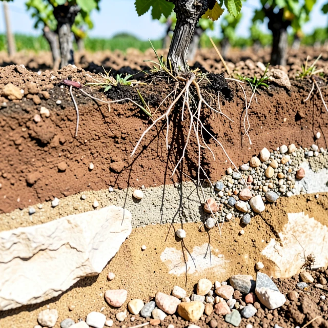 Cross-section of vineyard soils illustrating terroir components