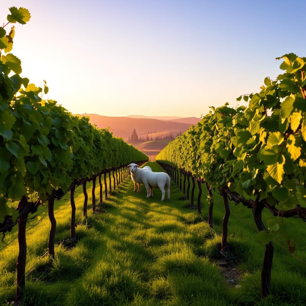 Sunrise over a Sonoma County vineyard with grazing sheep
