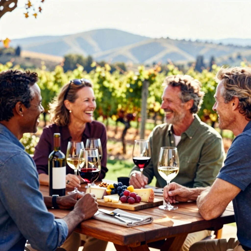 Group enjoying wine tasting on Napa winery patio
