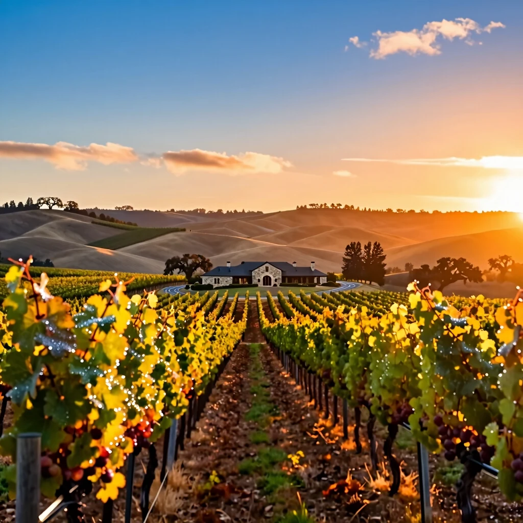 Sunset over Napa Valley vineyards with a historic winery in view