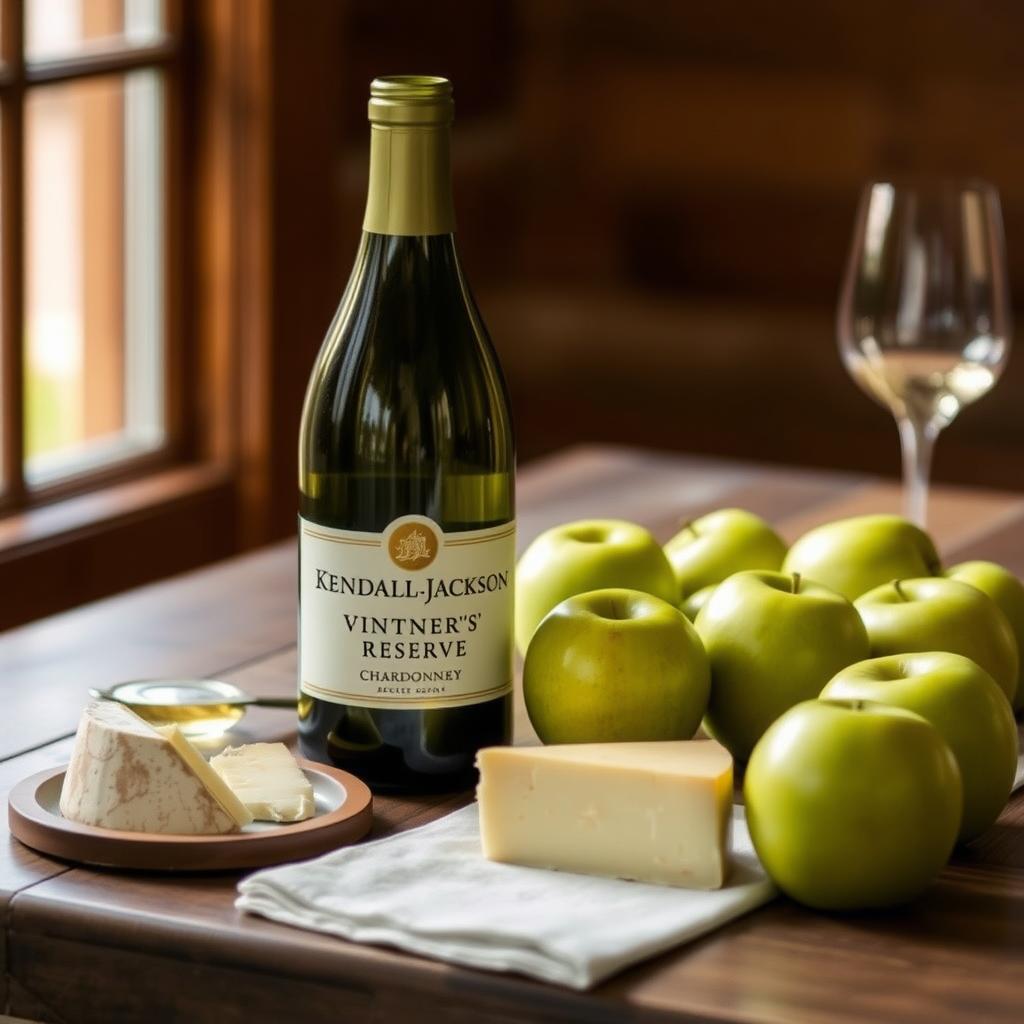 Kendall-Jackson Chardonnay bottle with apples and brie on a wooden table