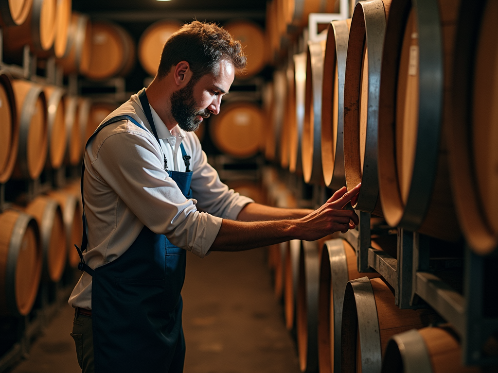 Winemaker inspecting barrels in a California winery