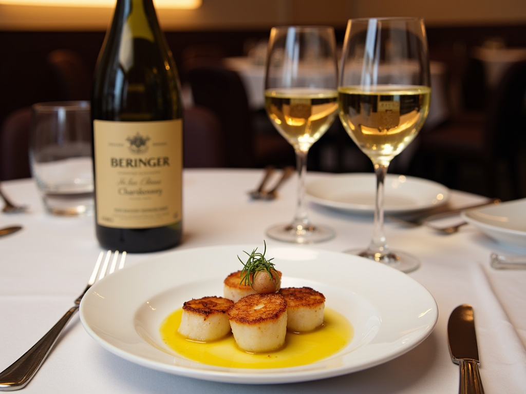 Restaurant table with Beringer Chardonnay and scallops.