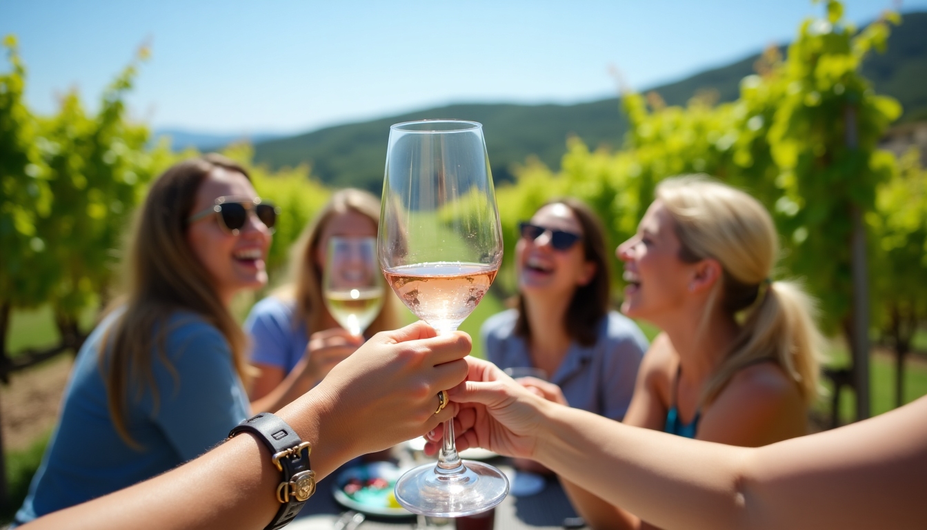 People enjoying wine tasting at a vineyard, with sunny skies and vine-covered hills.