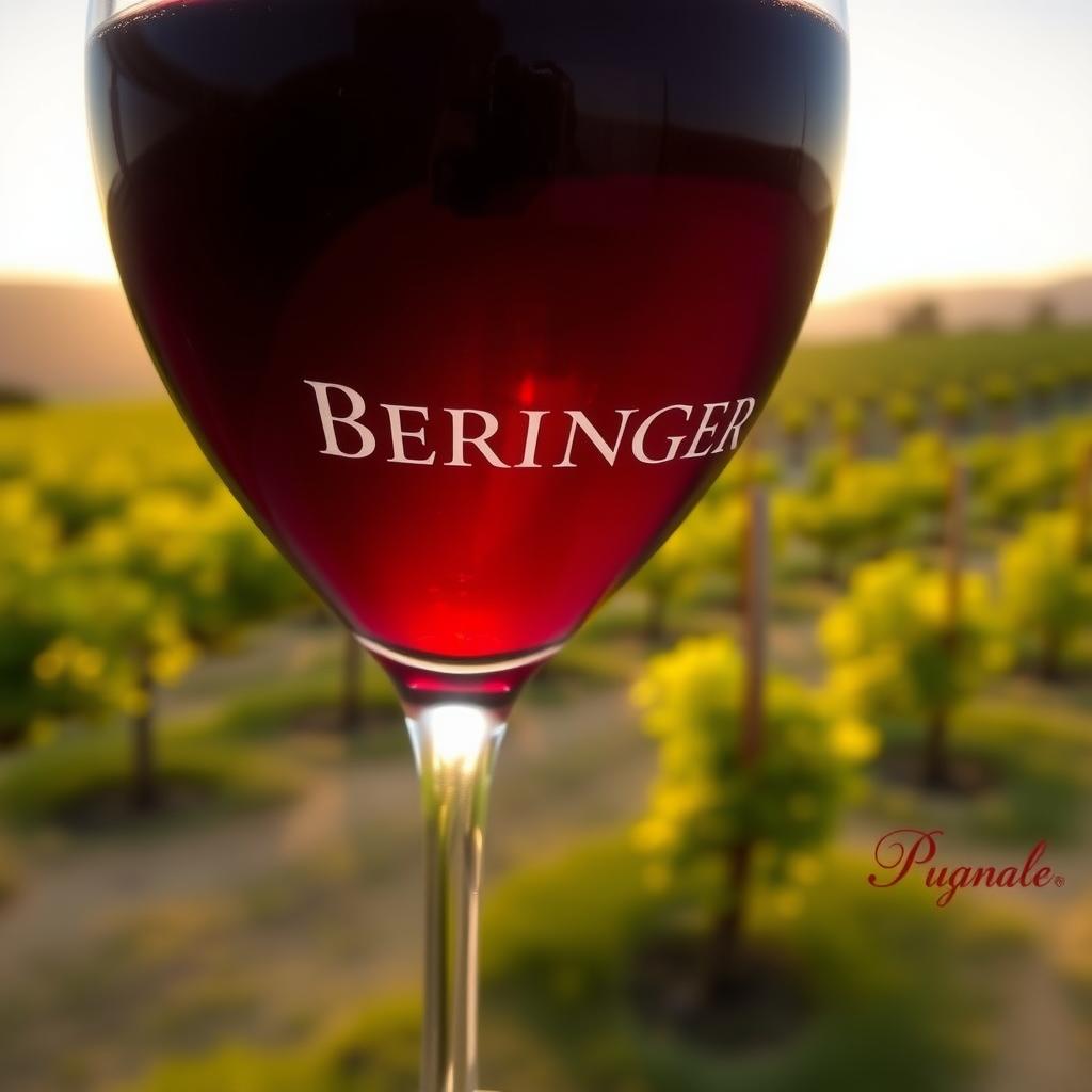 A glass of Beringer Cabernet Sauvignon with a vineyard sunset background.