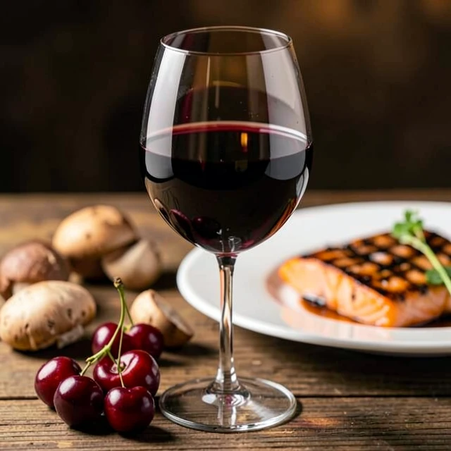 Glass of La Crema Pinot Noir paired with salmon and mushrooms