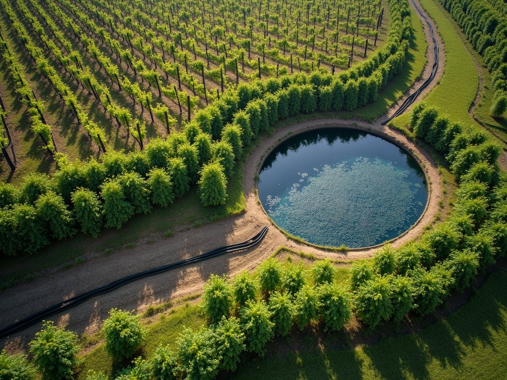 Drip irrigation and rainwater reservoir in a vineyard