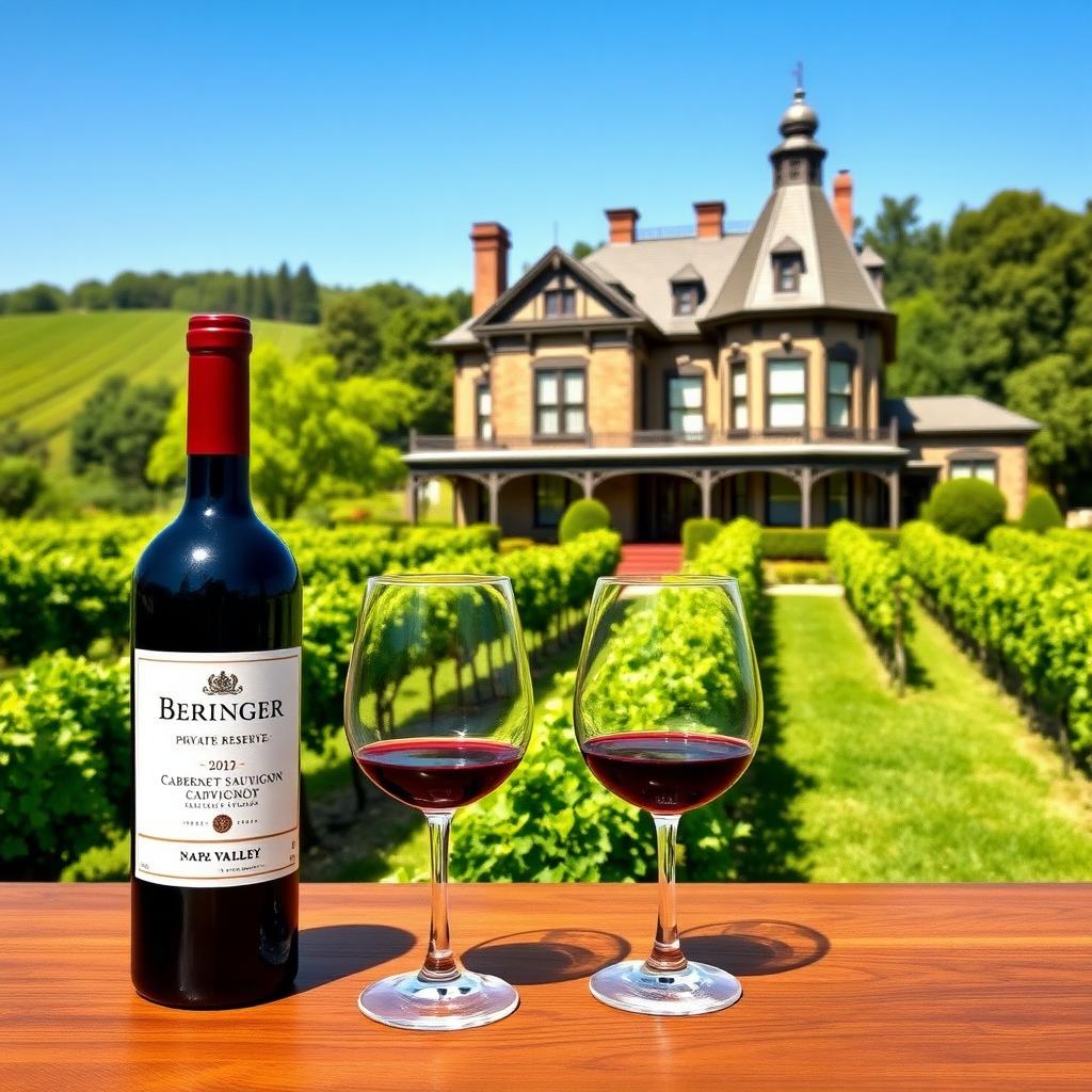 Beringer Vineyards’ Rhine House with a bottle of Cabernet Sauvignon and wine glasses on a table, surrounded by vineyards.