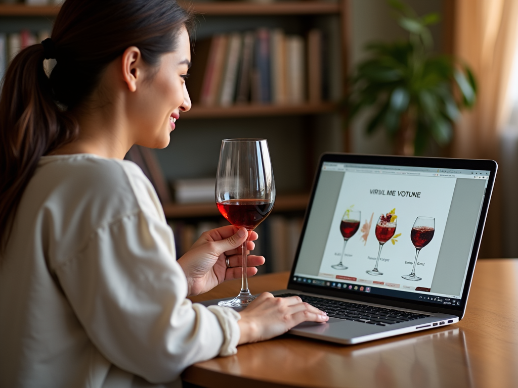 A person enjoying a virtual wine tasting from home, with a laptop and a glass of wine