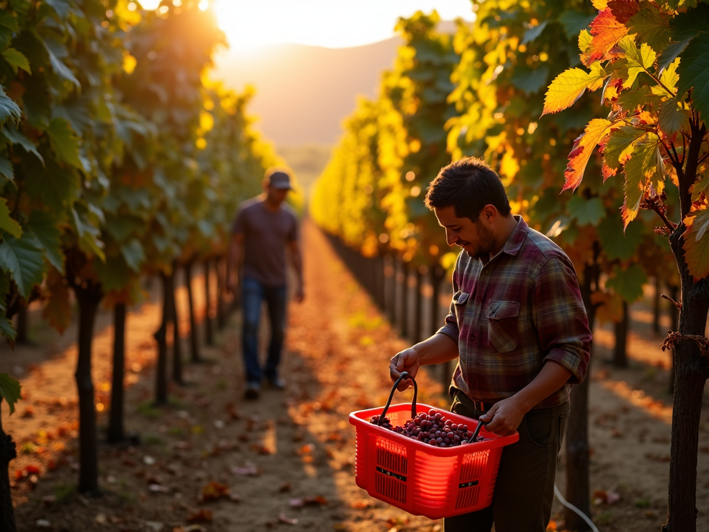 Harvest in action with workers picking grapes.
