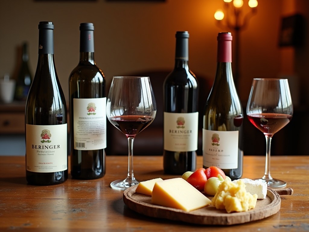 A tranquil wine tasting session with Beringer wines on a wooden table