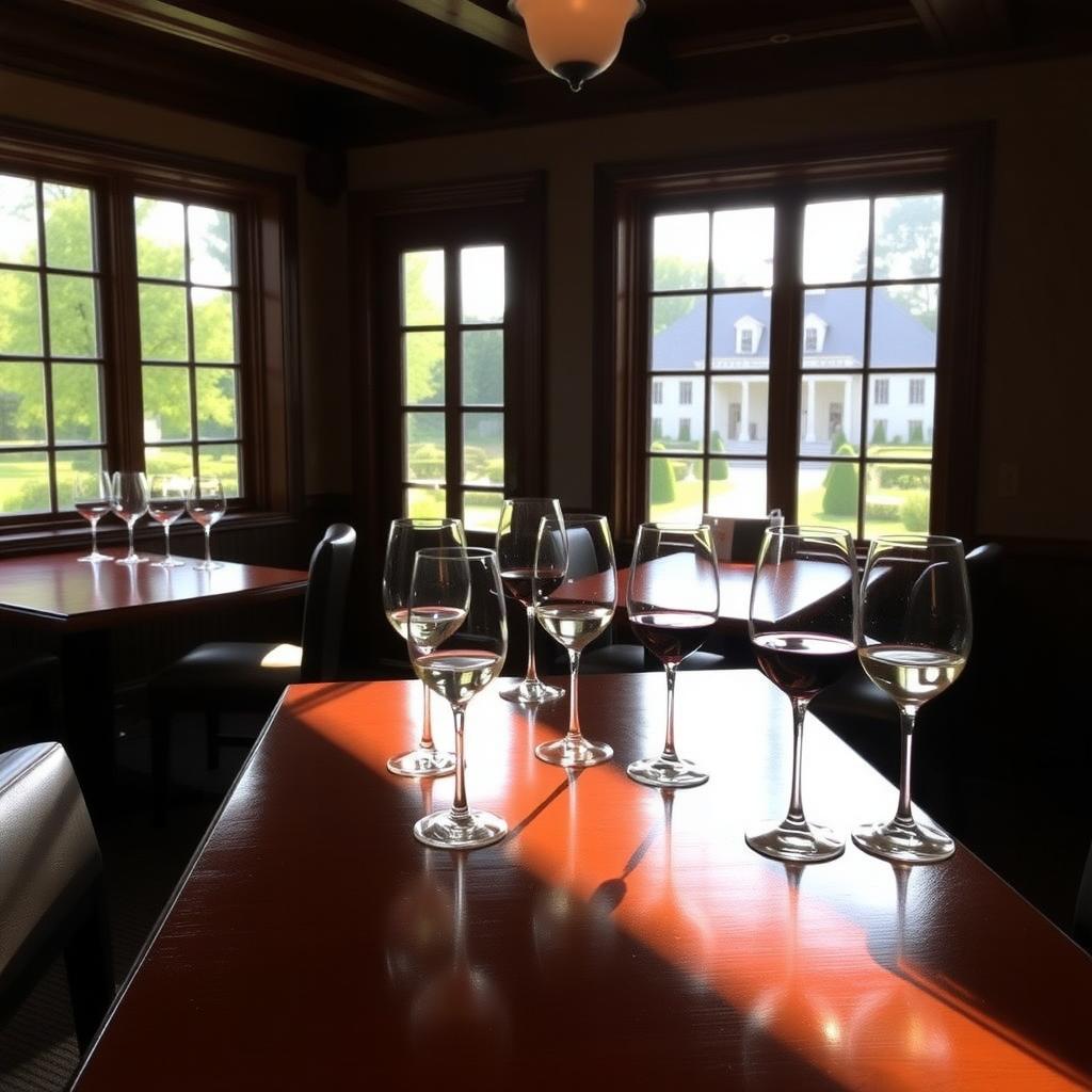 Cozy Beringer Vineyards tasting room with wine glasses and Rhine House view