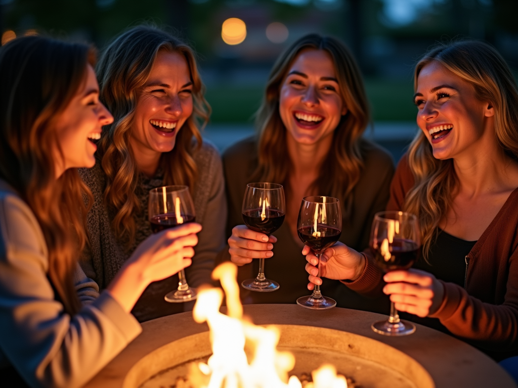 Friends enjoying wine around a fire pit