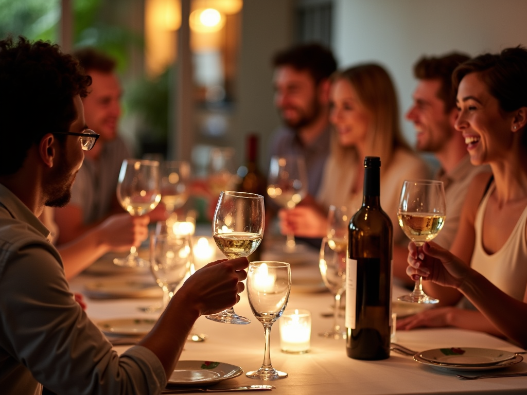 Friends enjoying wine at dinner