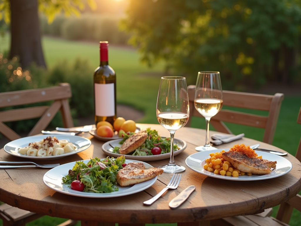 Outdoor dinner table with wine and food