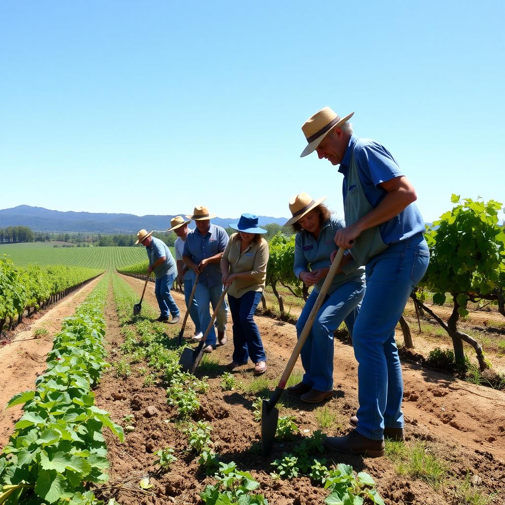 Winery workers planting cover crops in a Sonoma County vineyard