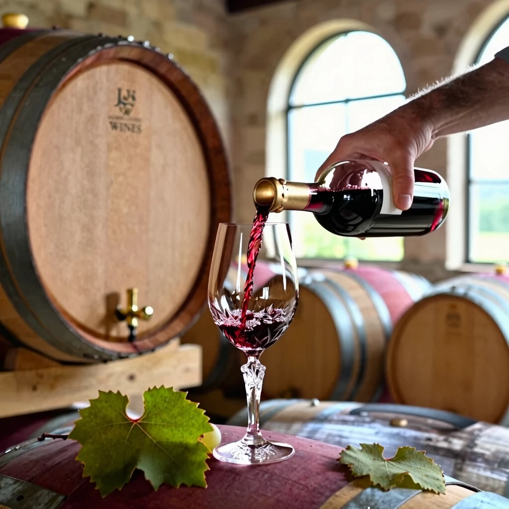 Winemaker pouring wine in Jackson Family barrel room