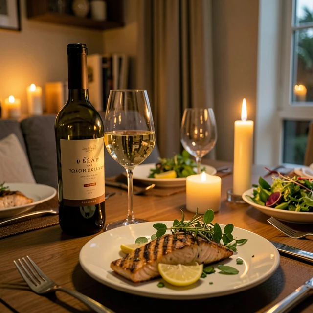 Elegant dinner table featuring white wine paired with grilled salmon and fresh salad