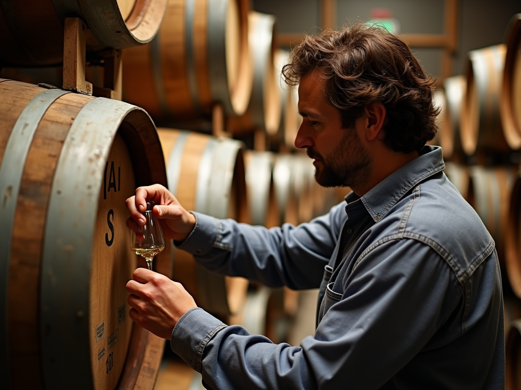 A winemaker checking a barrel of wine in the cellar.