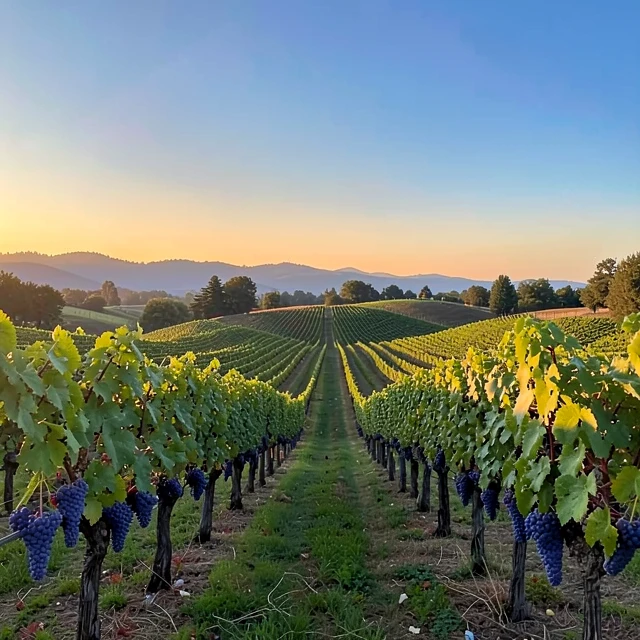 Scenic vineyards in Sonoma County at sunset.