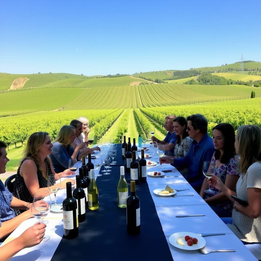 People tasting wines at a Jackson Family Wines vineyard with a table of wine glasses, bottles, and snacks, surrounded by green hills.