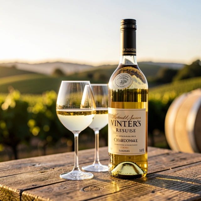 Kendall-Jackson Vintner's Reserve Chardonnay bottle with wine glasses on a wooden table overlooking vineyards