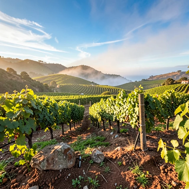 Panoramic California vineyard landscape illustrating terroir elements like soil, climate, and topography