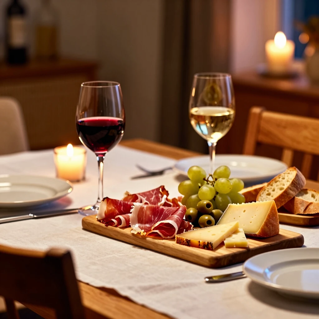 Cozy dining table set with charcuterie and wine glasses for perfect pairings