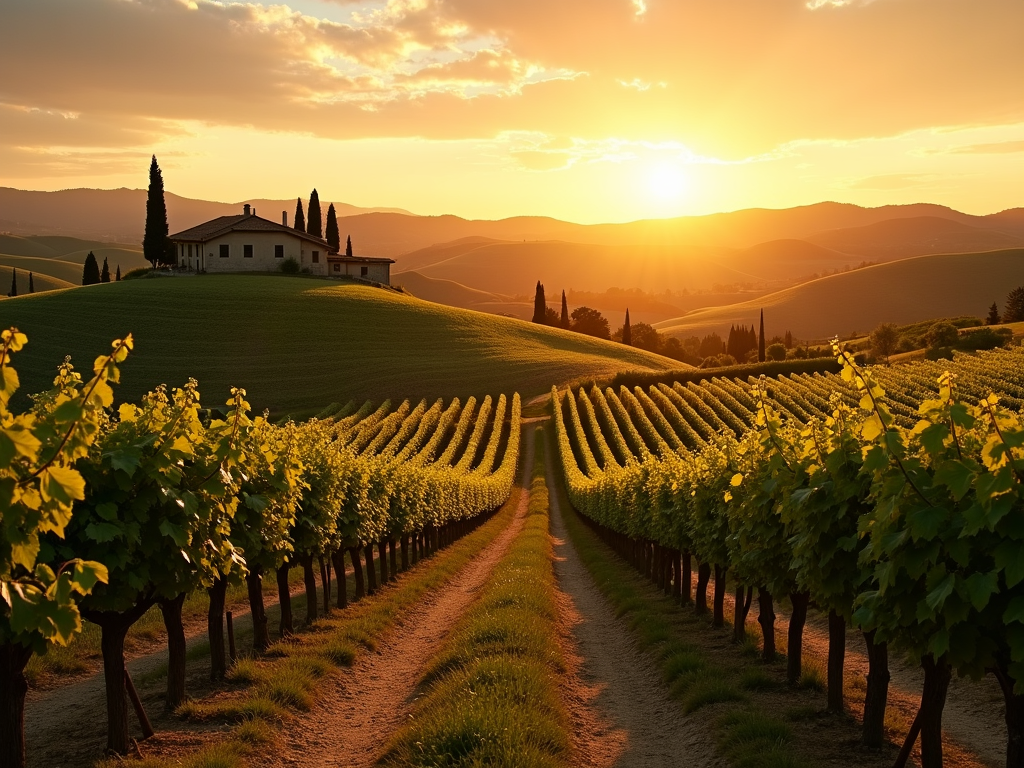 Tuscan vineyard at sunset with rows of grapevines