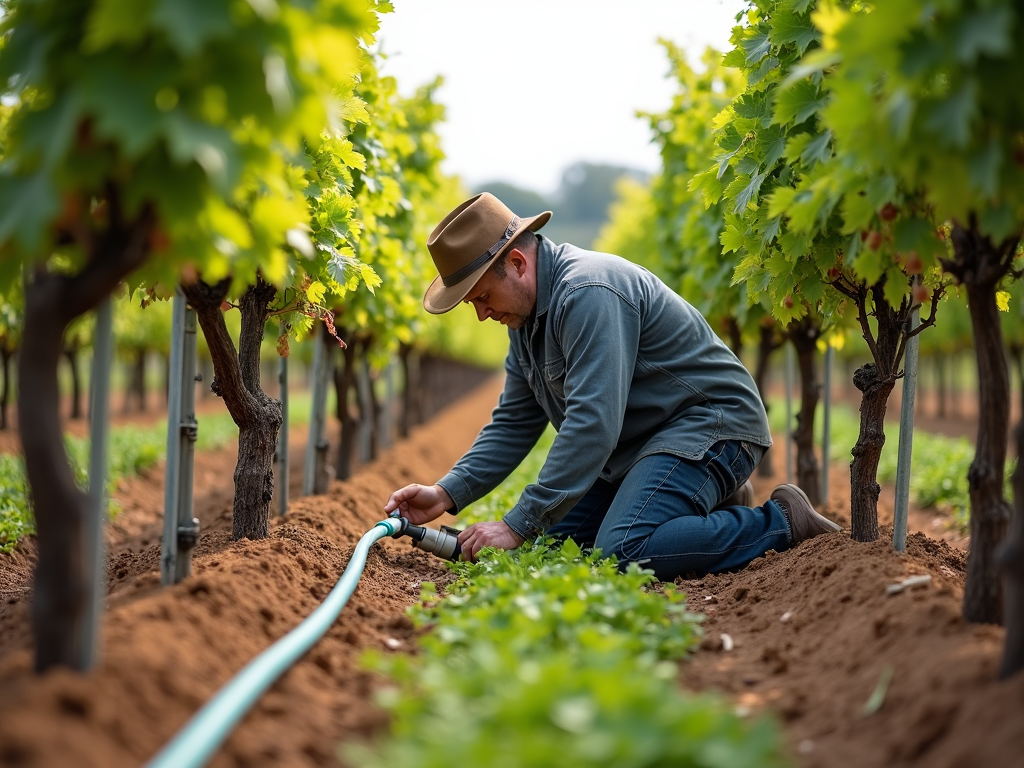 Worker managing drip irrigation in a vineyard