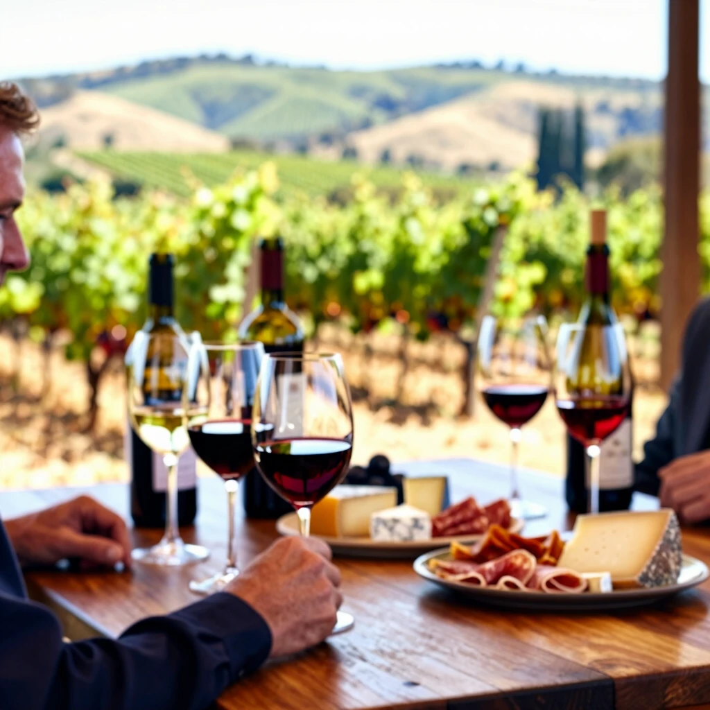 Wine tasting experience at a Napa Valley winery overlooking vineyards