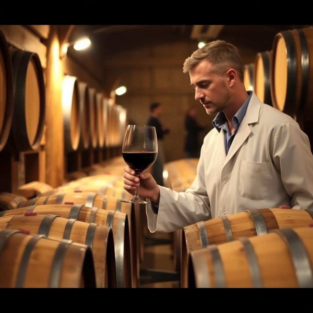 Winemaker inspecting oak barrels in a rustic Beringer winery cellar, holding a glass of Cabernet Sauvignon.