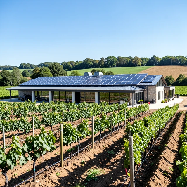 Modern winery powered by solar energy amid regenerative vineyards