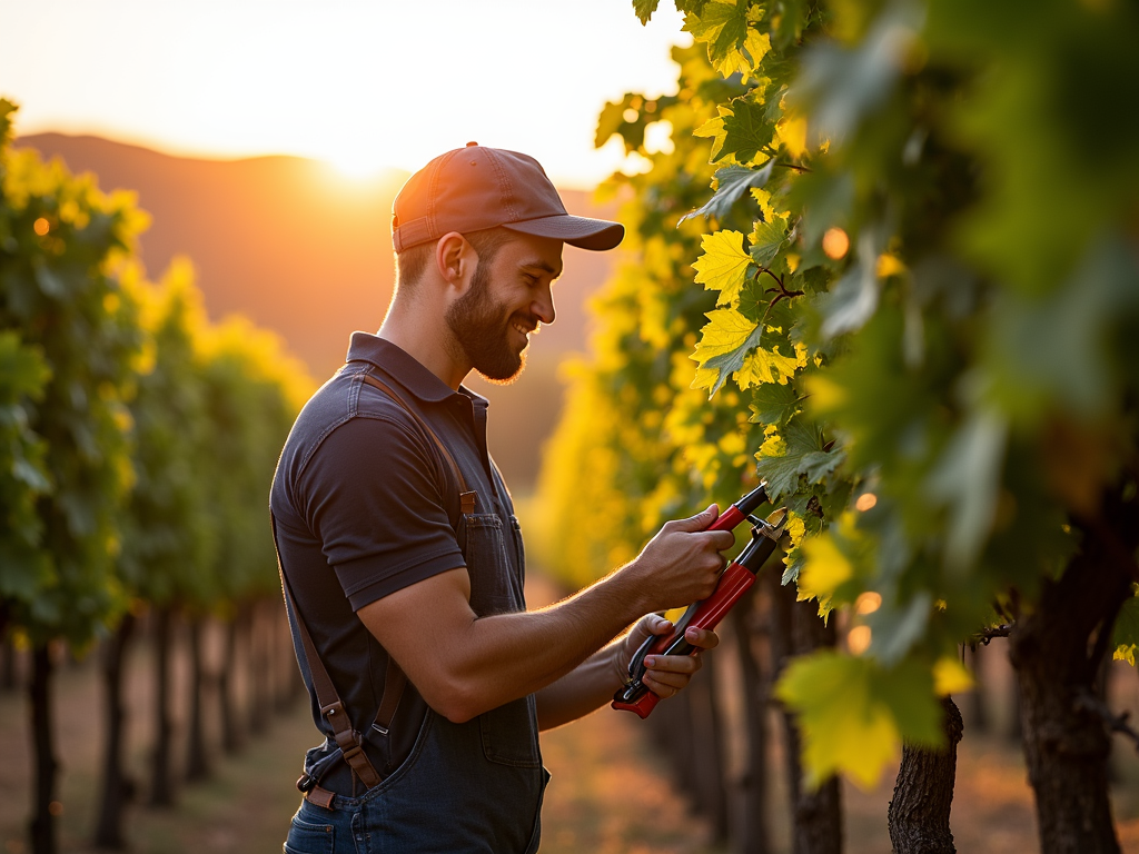 Vineyard worker at Beringer Vineyards during sunset