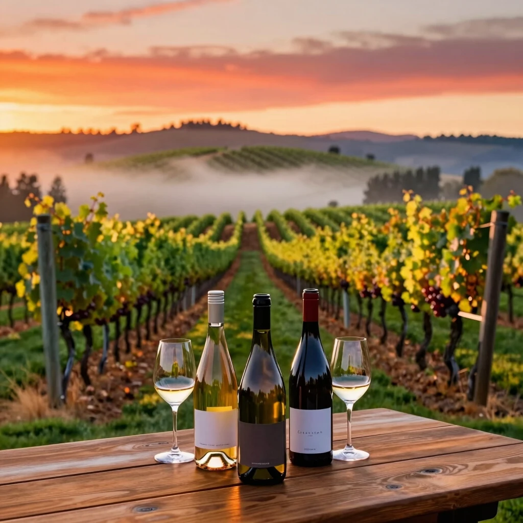 Scenic Napa Valley vineyard at sunset with a tasting setup