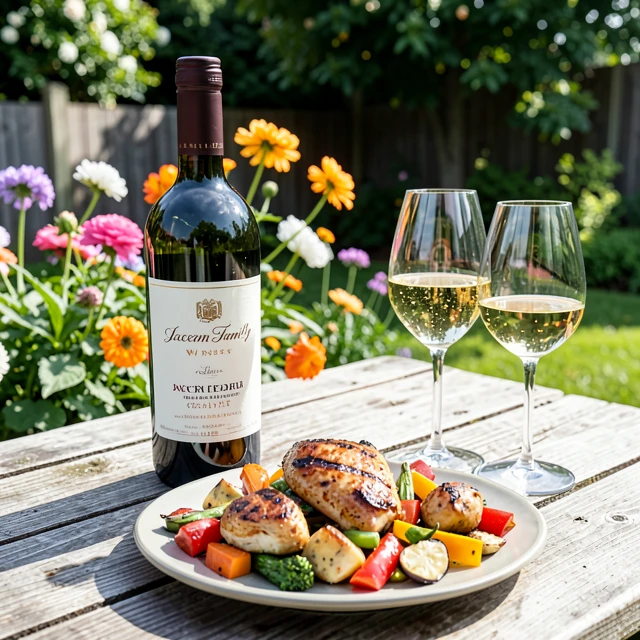 Grilled meats and vegetables paired with Jackson Family white wine