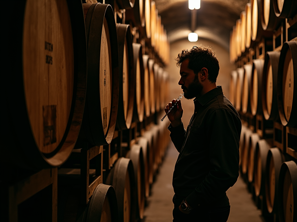 Winemaker sampling wine from oak barrels